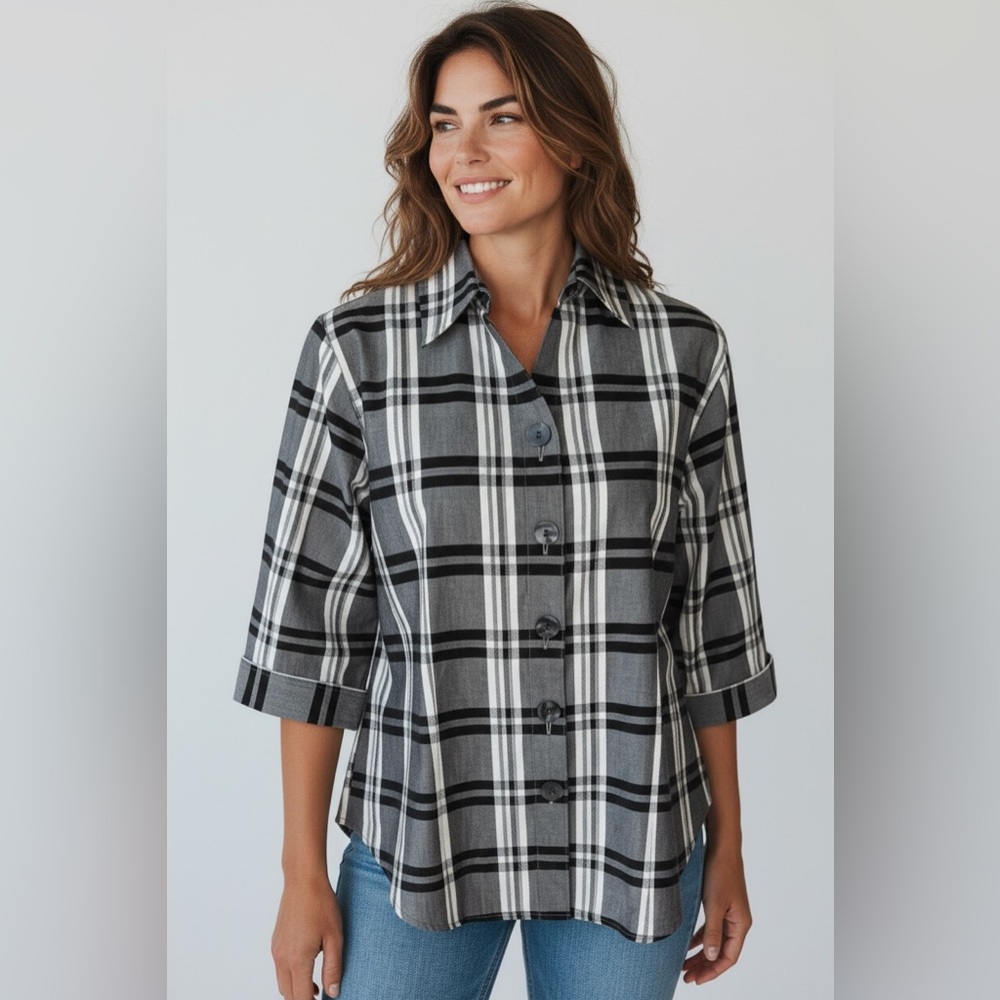 Westbound Black & Gray Plaid Button-Down Blouse